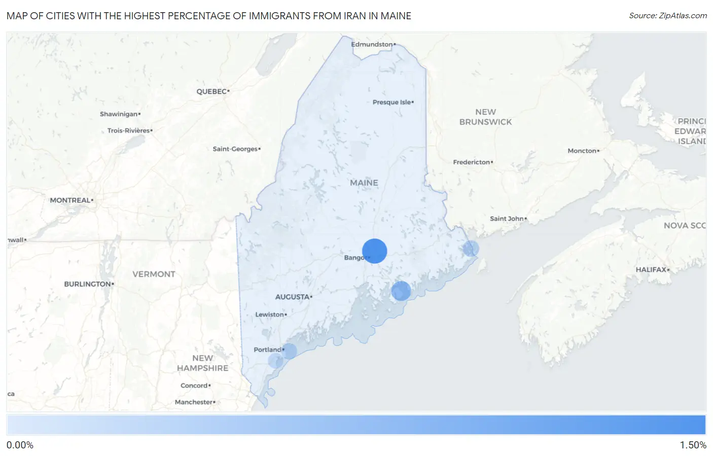 Cities with the Highest Percentage of Immigrants from Iran in Maine Map