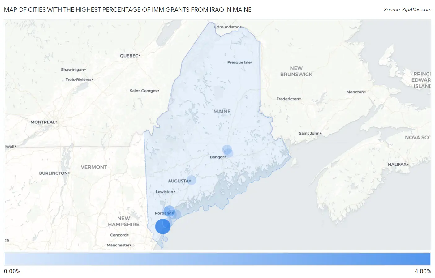 Cities with the Highest Percentage of Immigrants from Iraq in Maine Map