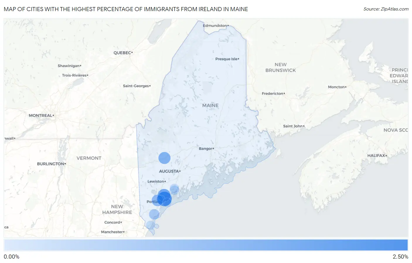 Cities with the Highest Percentage of Immigrants from Ireland in Maine Map