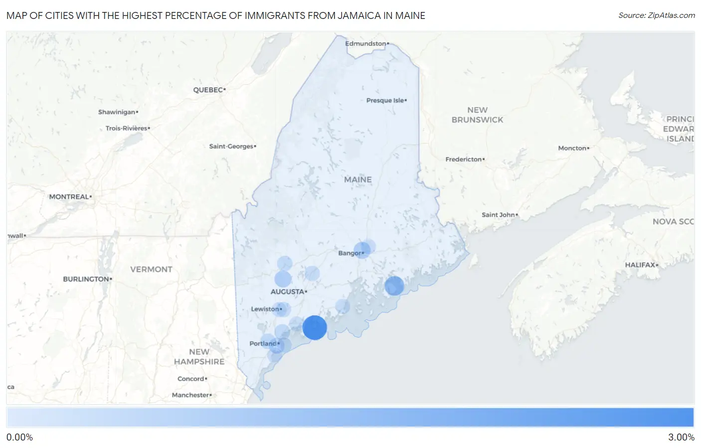 Cities with the Highest Percentage of Immigrants from Jamaica in Maine Map