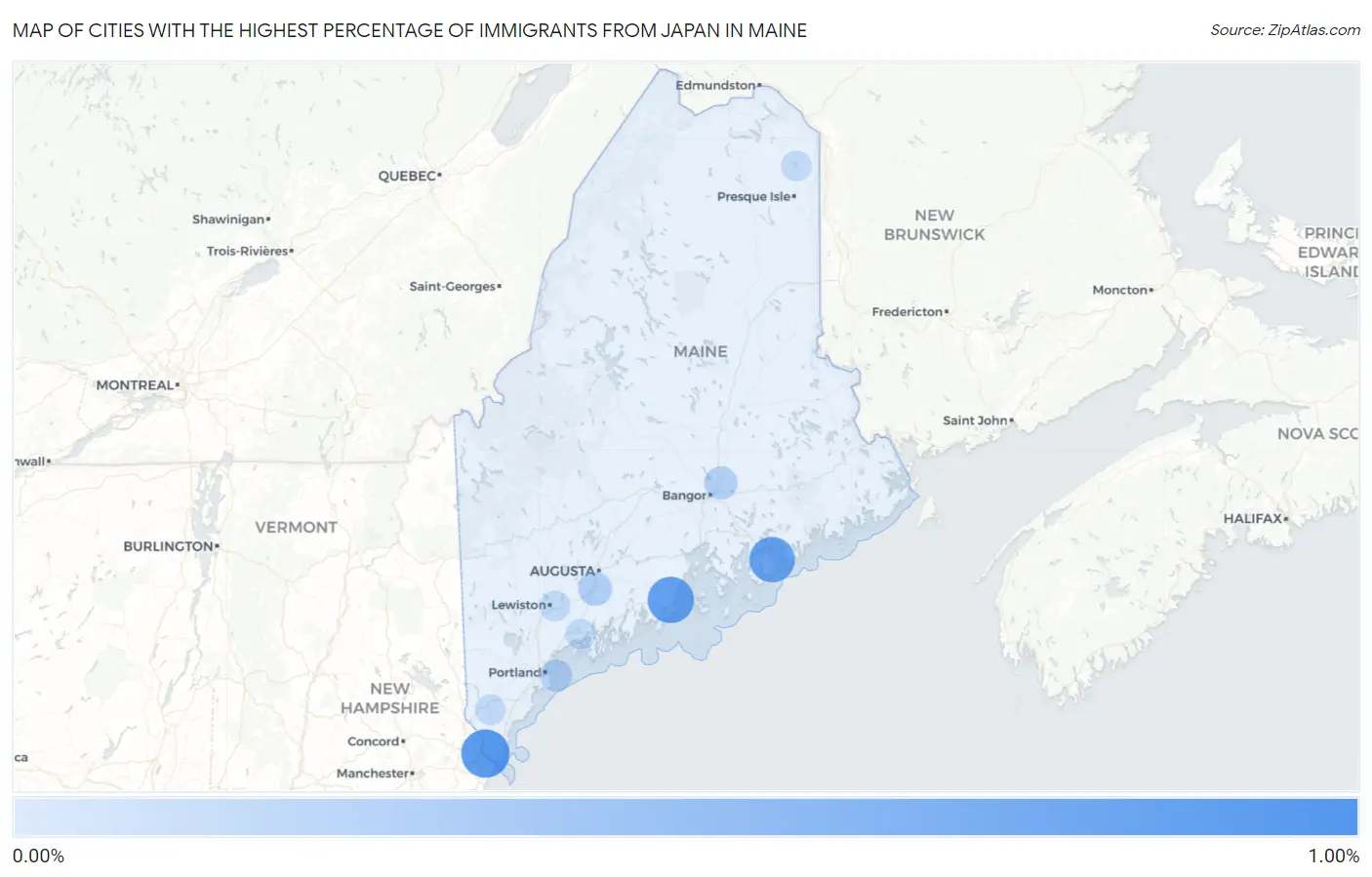 Cities with the Highest Percentage of Immigrants from Japan in Maine Map