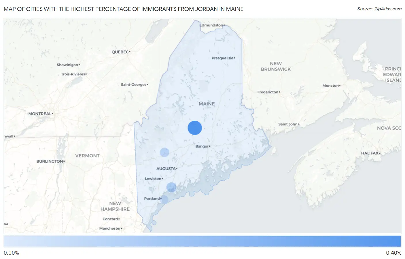 Cities with the Highest Percentage of Immigrants from Jordan in Maine Map