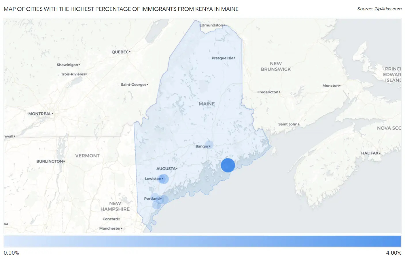 Cities with the Highest Percentage of Immigrants from Kenya in Maine Map