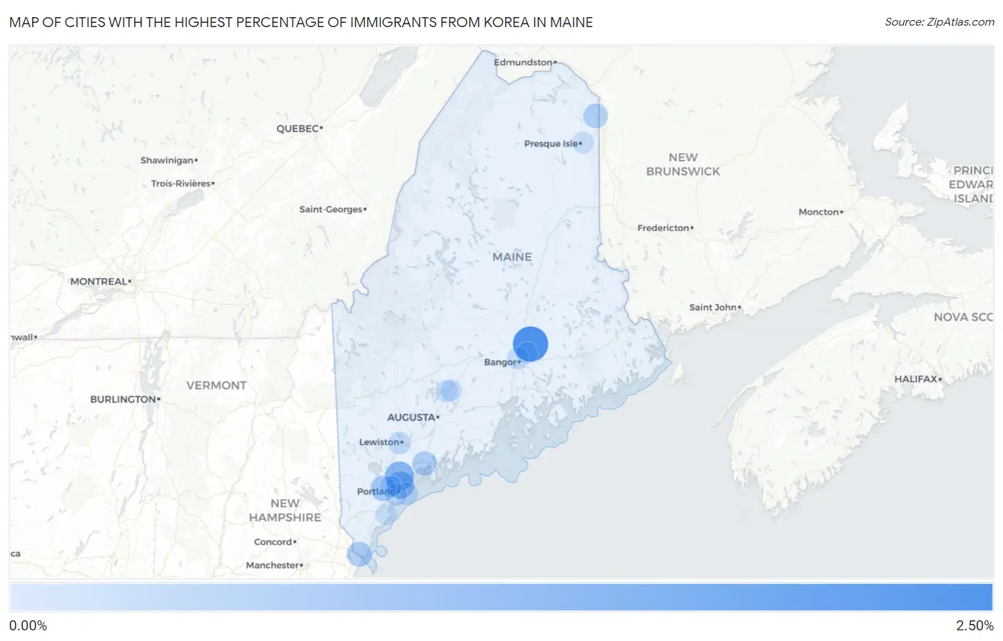 Cities with the Highest Percentage of Immigrants from Korea in Maine Map