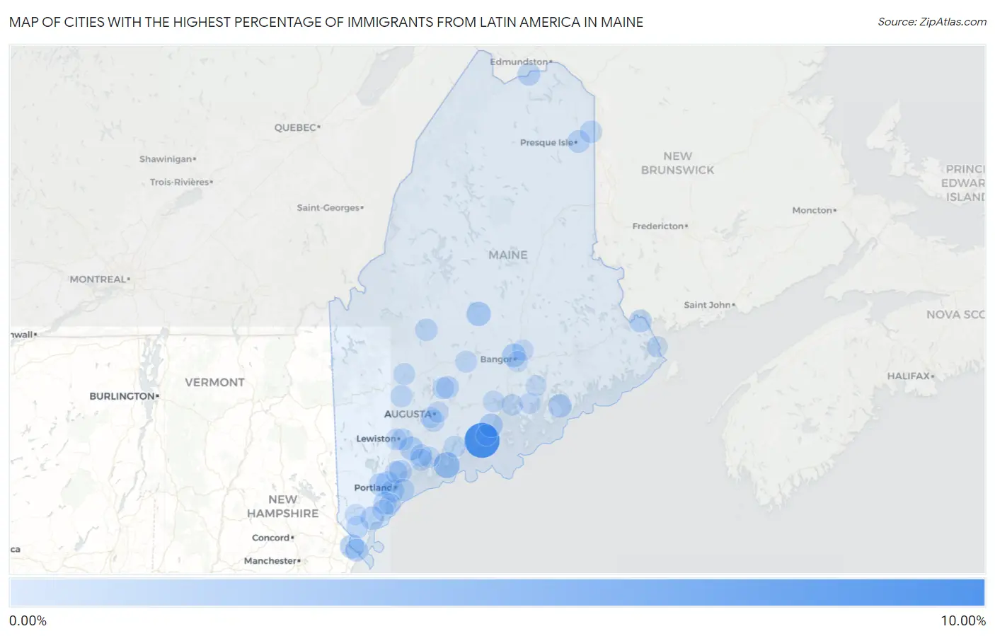 Cities with the Highest Percentage of Immigrants from Latin America in Maine Map