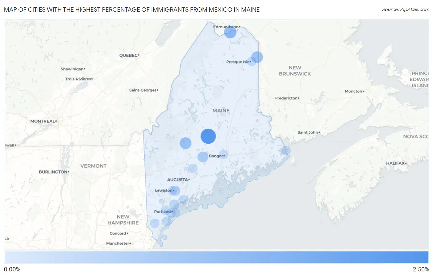 Cities with the Highest Percentage of Immigrants from Mexico in Maine Map