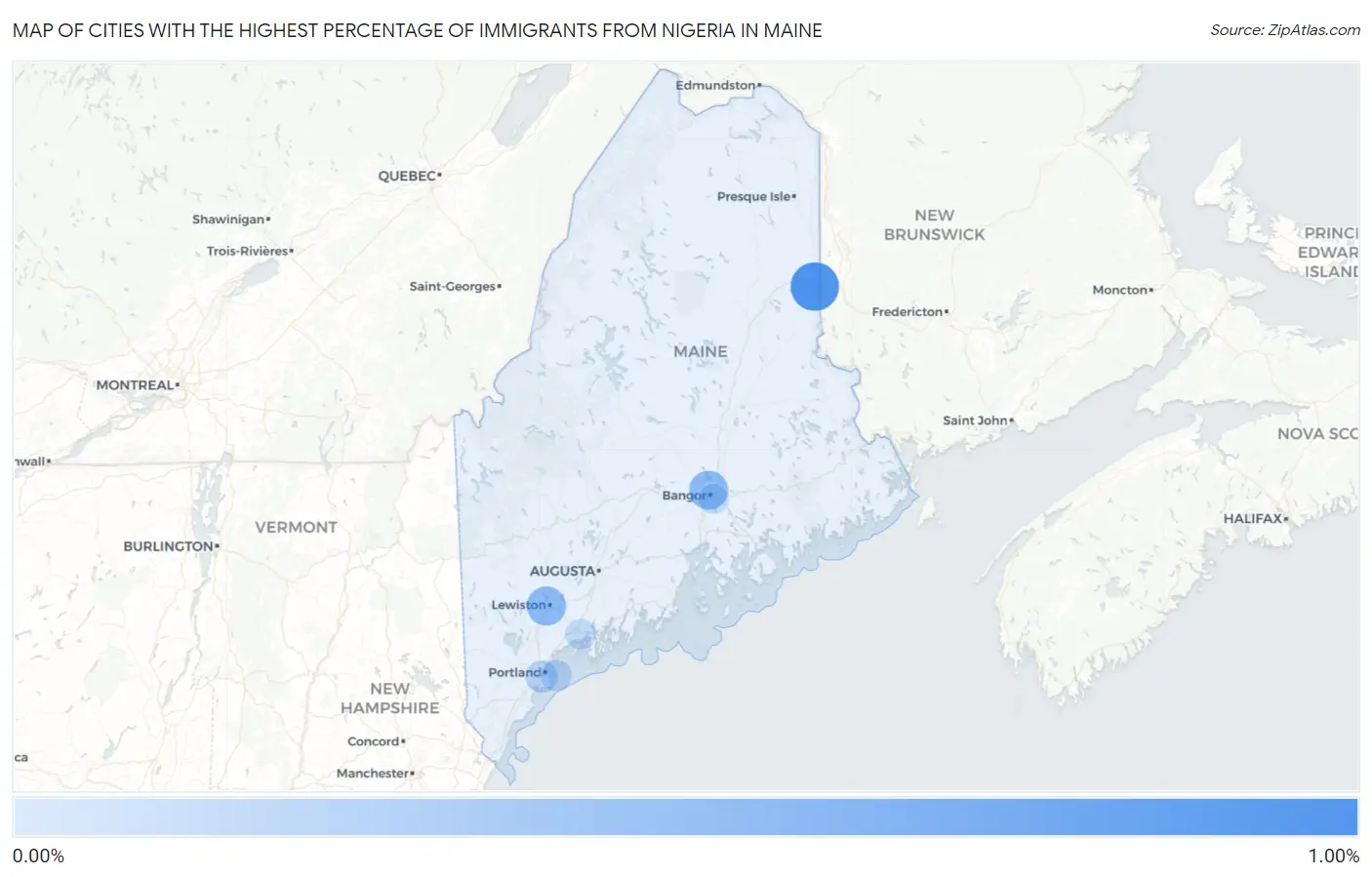 Cities with the Highest Percentage of Immigrants from Nigeria in Maine Map