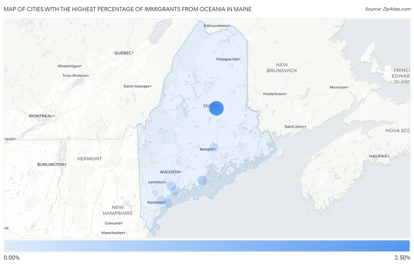 Cities with the Highest Percentage of Immigrants from Oceania in Maine Map