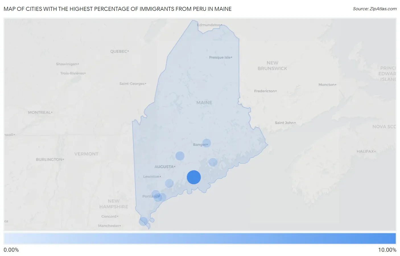 Cities with the Highest Percentage of Immigrants from Peru in Maine Map