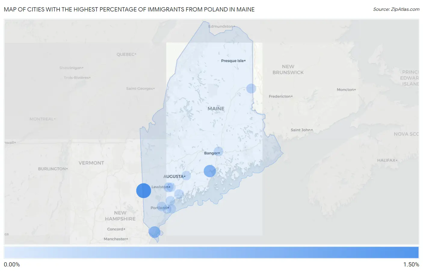 Cities with the Highest Percentage of Immigrants from Poland in Maine Map