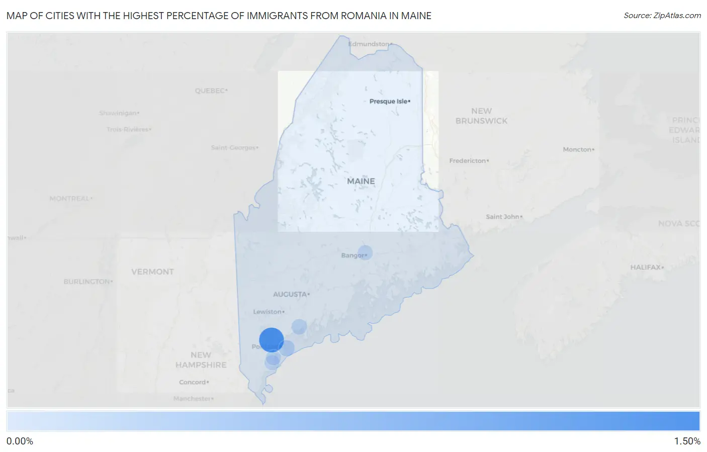 Cities with the Highest Percentage of Immigrants from Romania in Maine Map