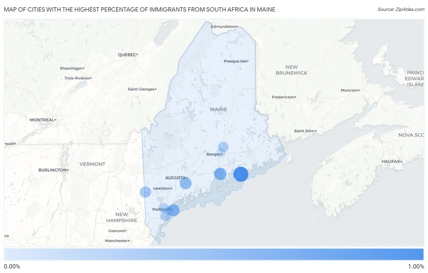 Cities with the Highest Percentage of Immigrants from South Africa in Maine Map