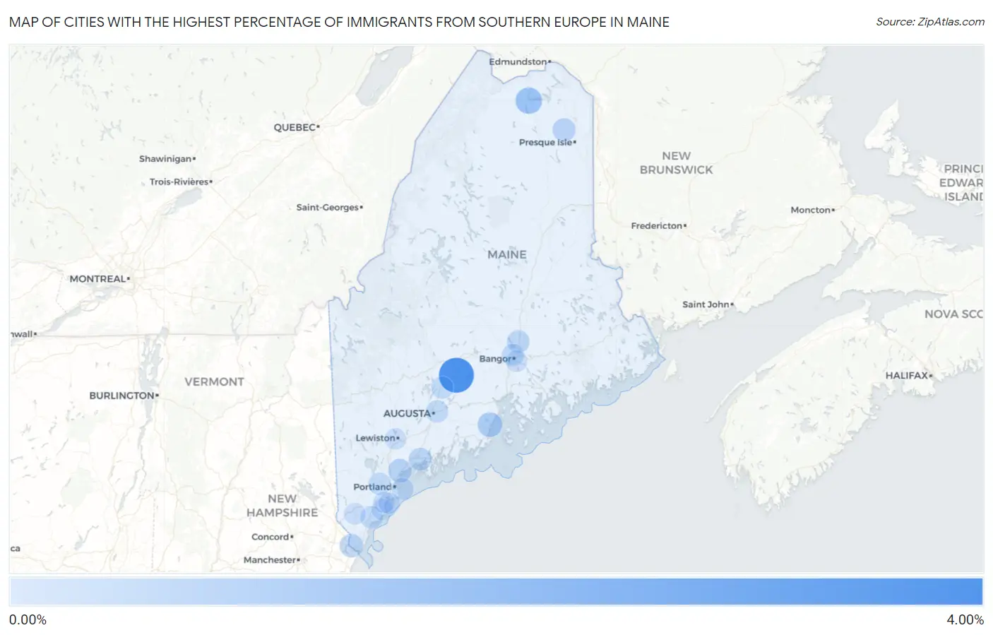 Cities with the Highest Percentage of Immigrants from Southern Europe in Maine Map