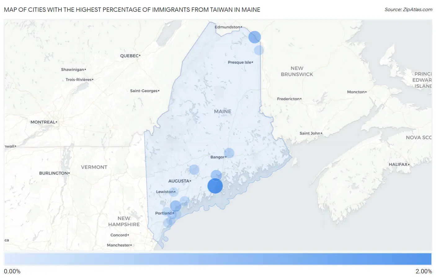 Cities with the Highest Percentage of Immigrants from Taiwan in Maine Map