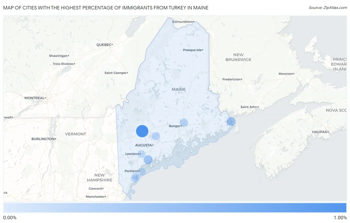 Cities with the Highest Percentage of Immigrants from Turkey in Maine Map