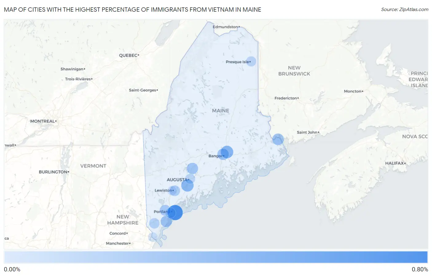 Cities with the Highest Percentage of Immigrants from Vietnam in Maine Map