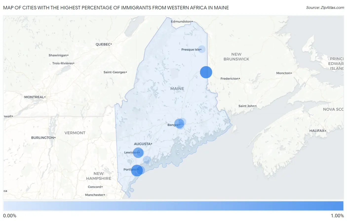 Cities with the Highest Percentage of Immigrants from Western Africa in Maine Map