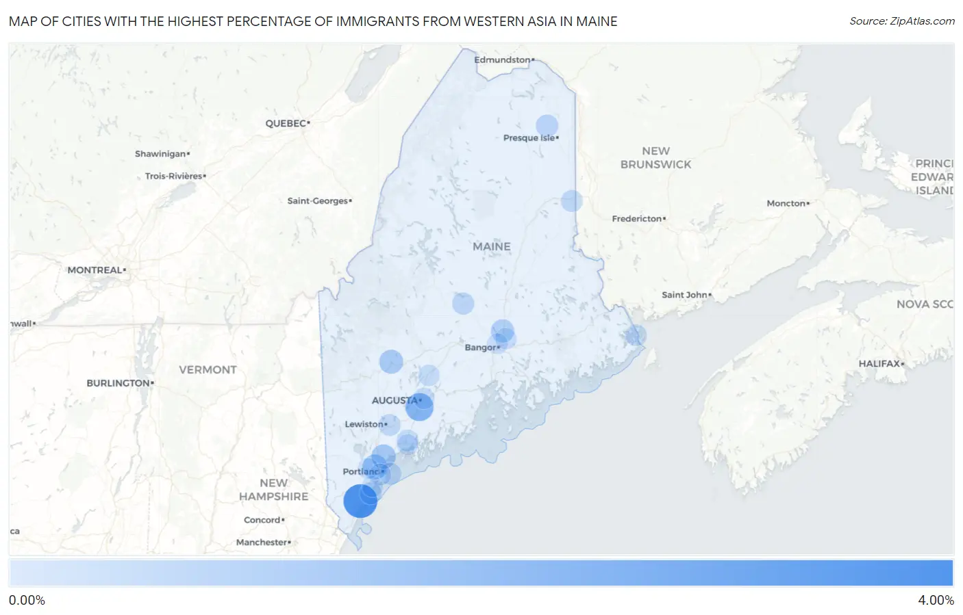 Cities with the Highest Percentage of Immigrants from Western Asia in Maine Map
