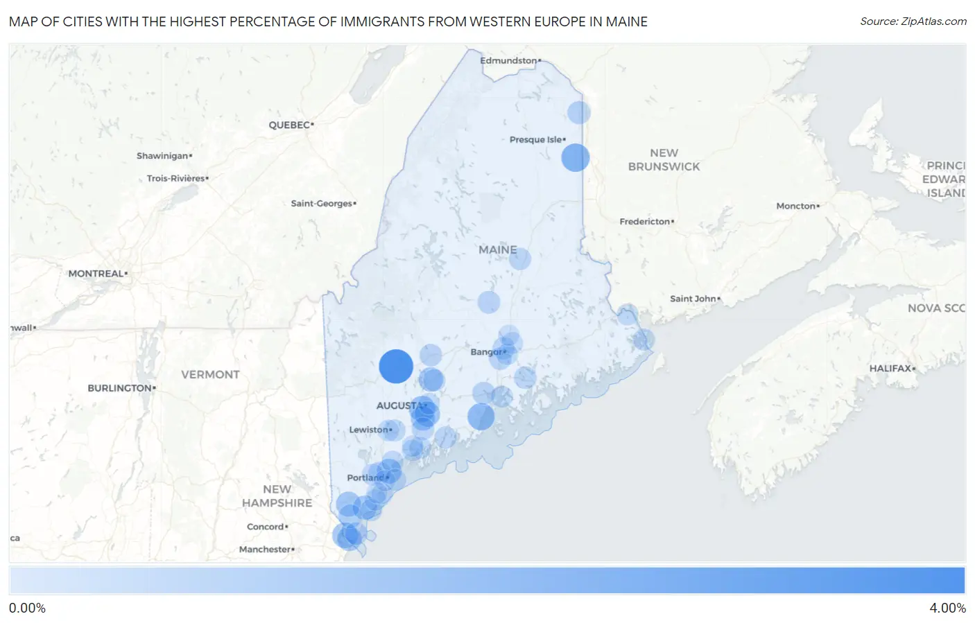 Cities with the Highest Percentage of Immigrants from Western Europe in Maine Map