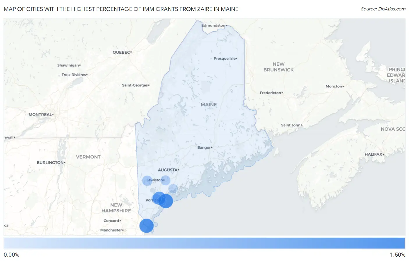 Cities with the Highest Percentage of Immigrants from Zaire in Maine Map