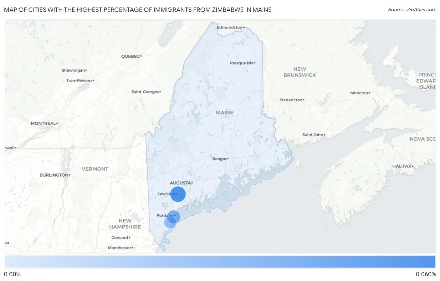 Cities with the Highest Percentage of Immigrants from Zimbabwe in Maine Map