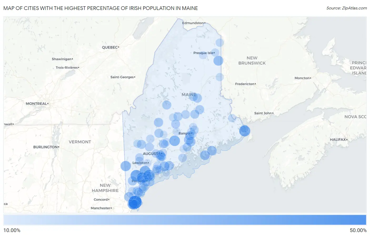 Cities with the Highest Percentage of Irish Population in Maine Map