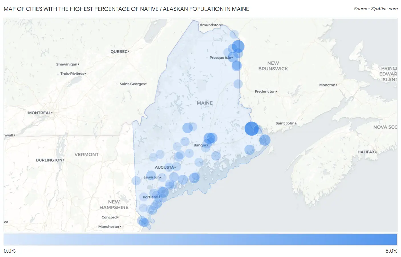 Cities with the Highest Percentage of Native / Alaskan Population in Maine Map