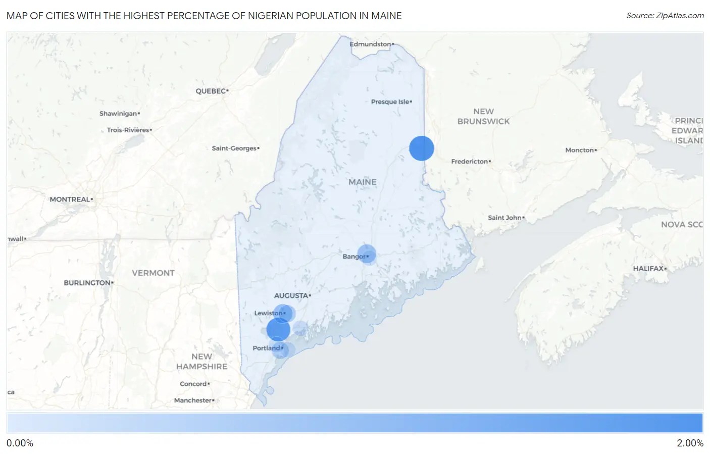 Cities with the Highest Percentage of Nigerian Population in Maine Map