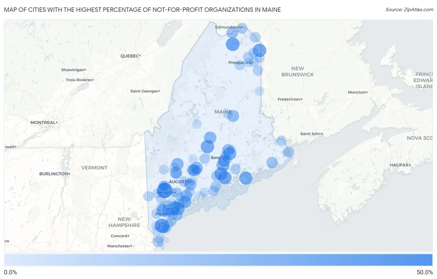 Cities with the Highest Percentage of Not-for-profit Organizations in Maine Map