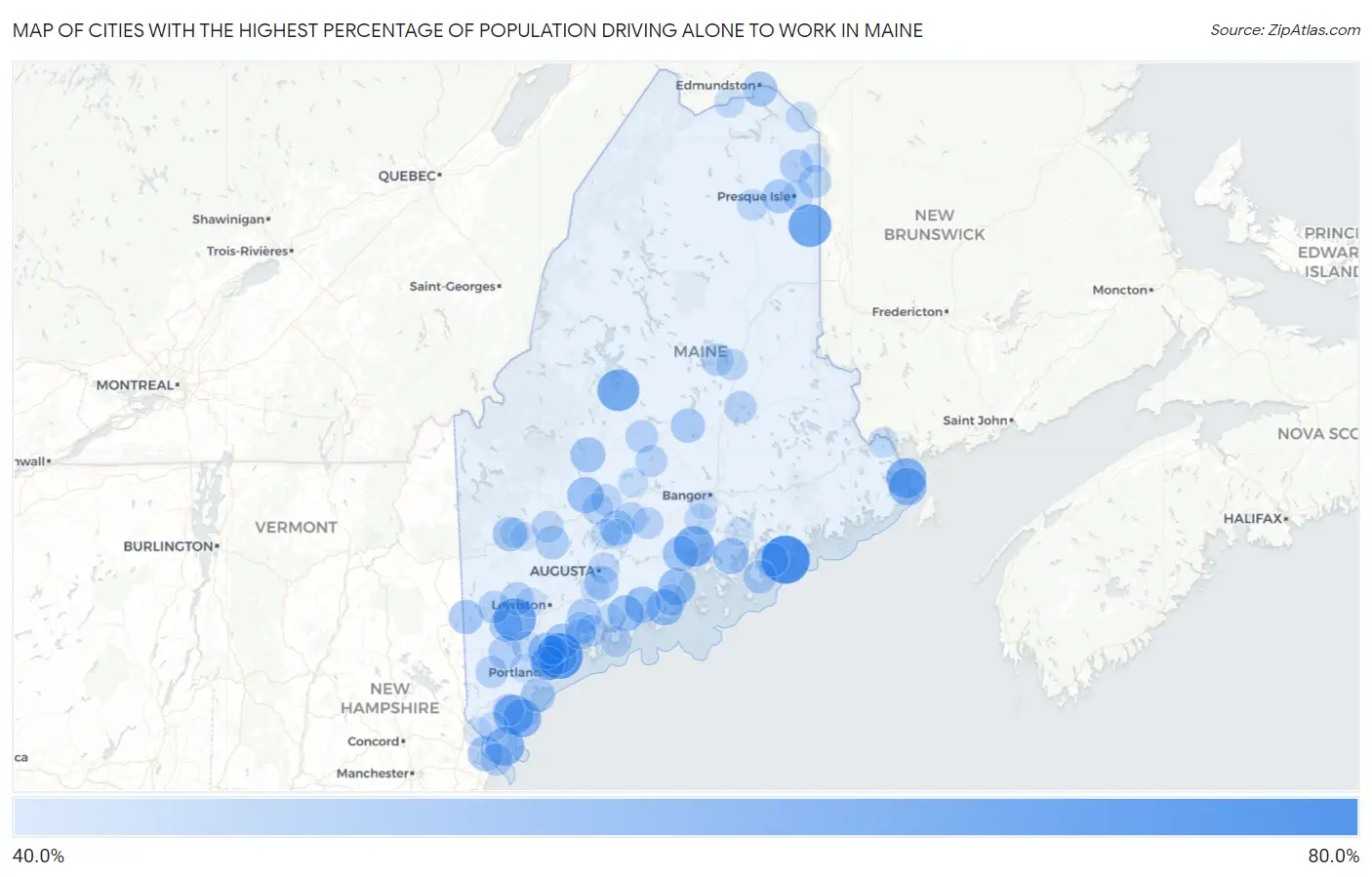 Cities with the Highest Percentage of Population Driving Alone to Work in Maine Map