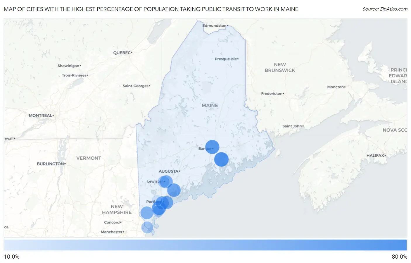 Cities with the Highest Percentage of Population Taking Public Transit to Work in Maine Map