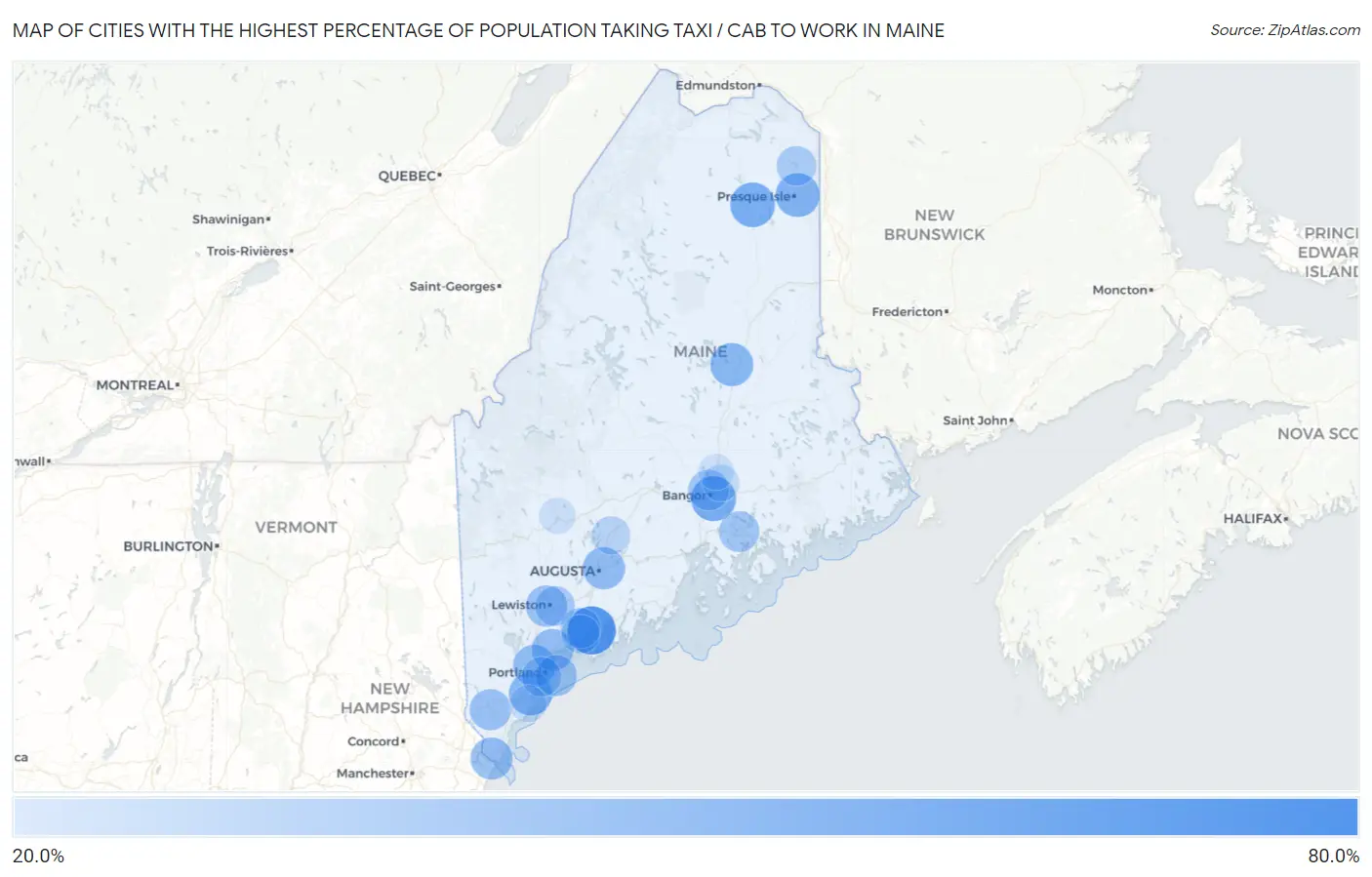 Cities with the Highest Percentage of Population Taking Taxi / Cab to Work in Maine Map