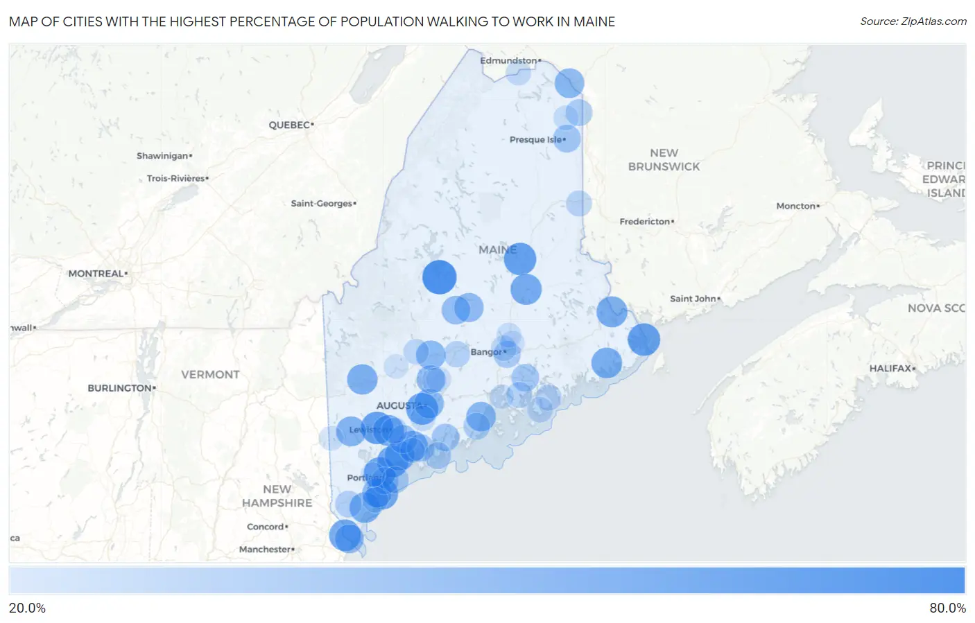 Cities with the Highest Percentage of Population Walking to Work in Maine Map