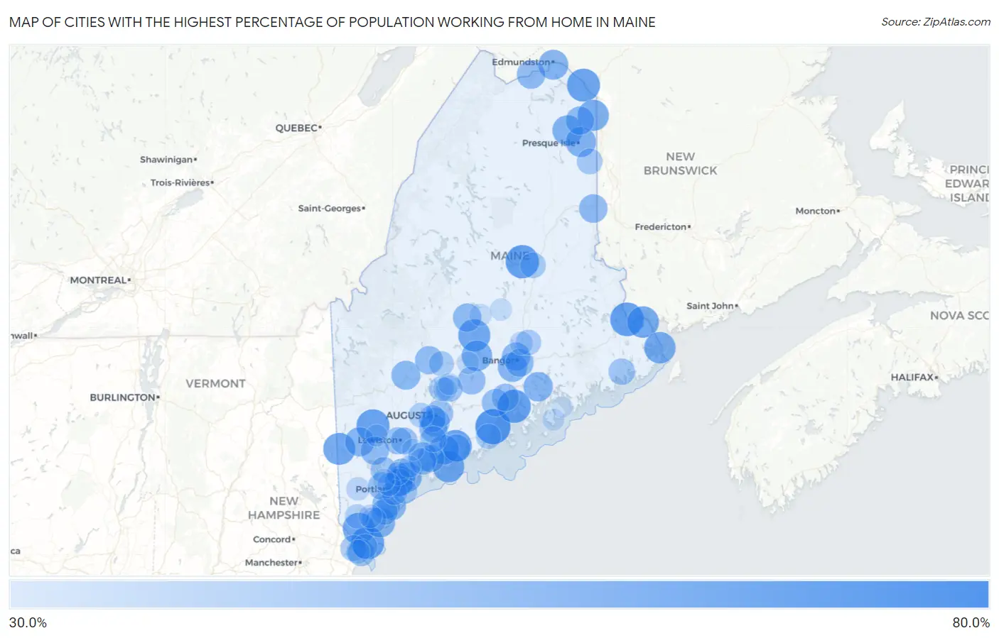 Cities with the Highest Percentage of Population Working from Home in Maine Map
