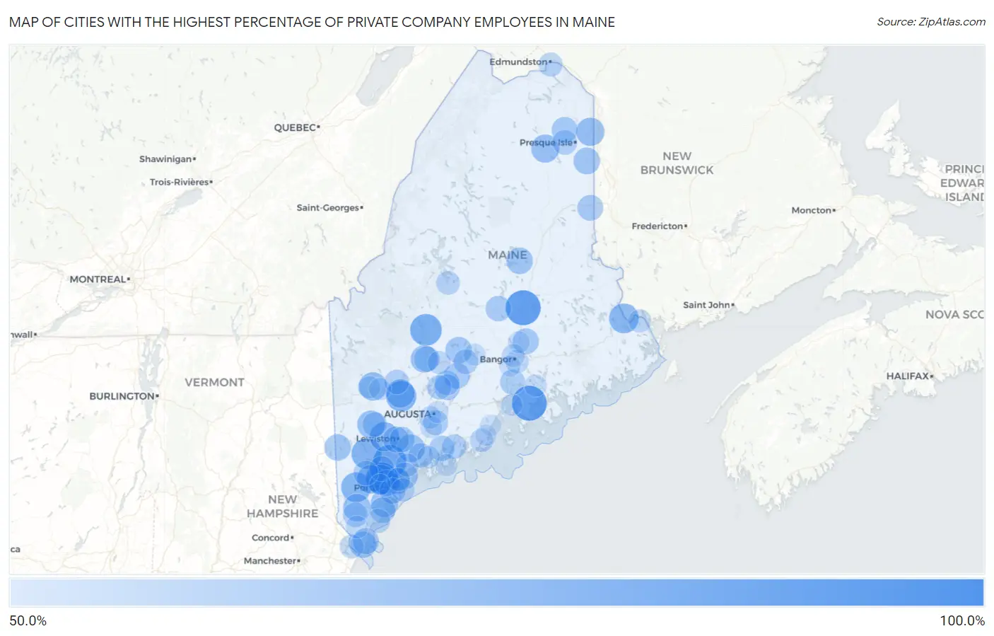 Cities with the Highest Percentage of Private Company Employees in Maine Map
