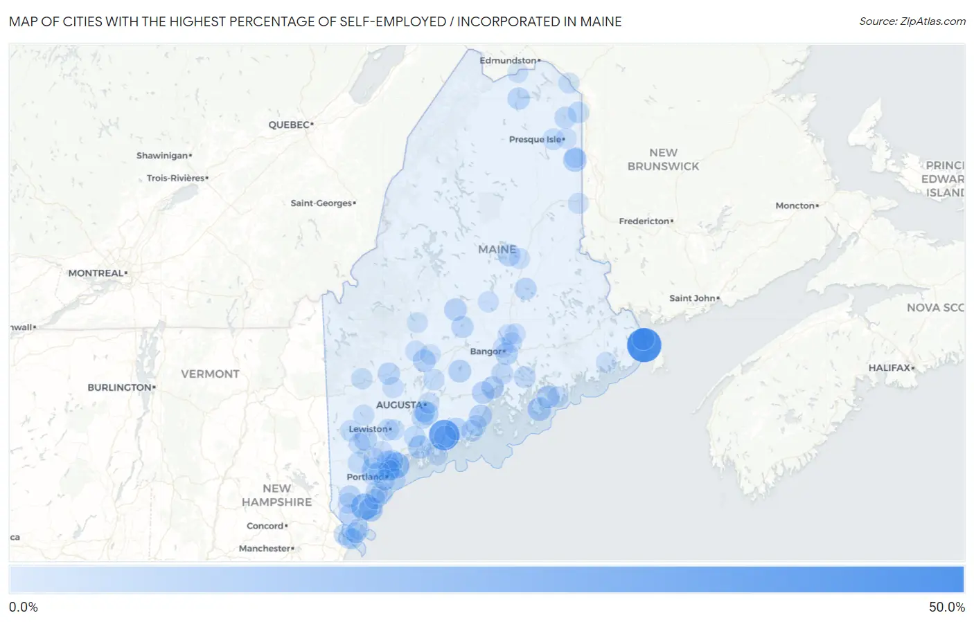 Cities with the Highest Percentage of Self-Employed / Incorporated in Maine Map
