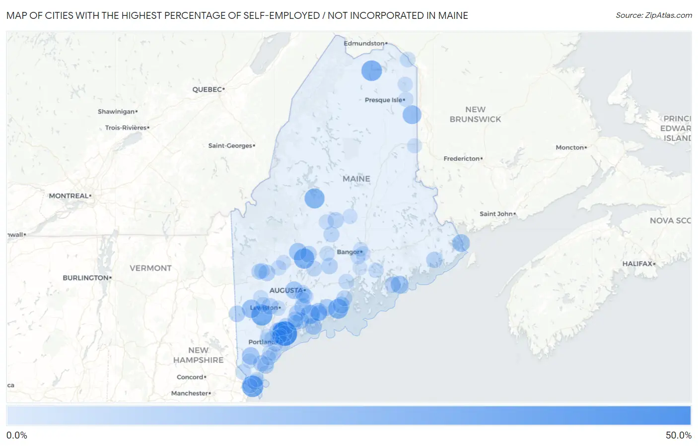 Cities with the Highest Percentage of Self-Employed / Not Incorporated in Maine Map