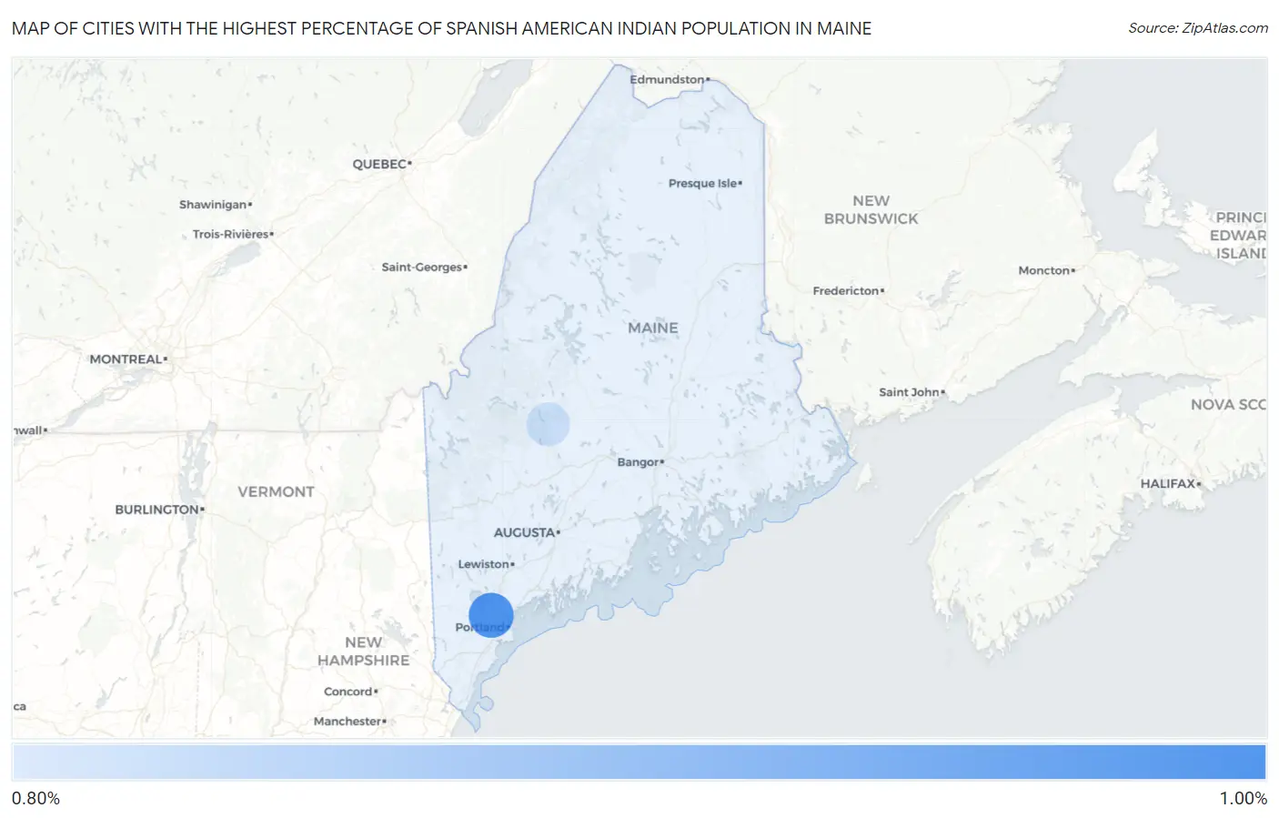Cities with the Highest Percentage of Spanish American Indian Population in Maine Map