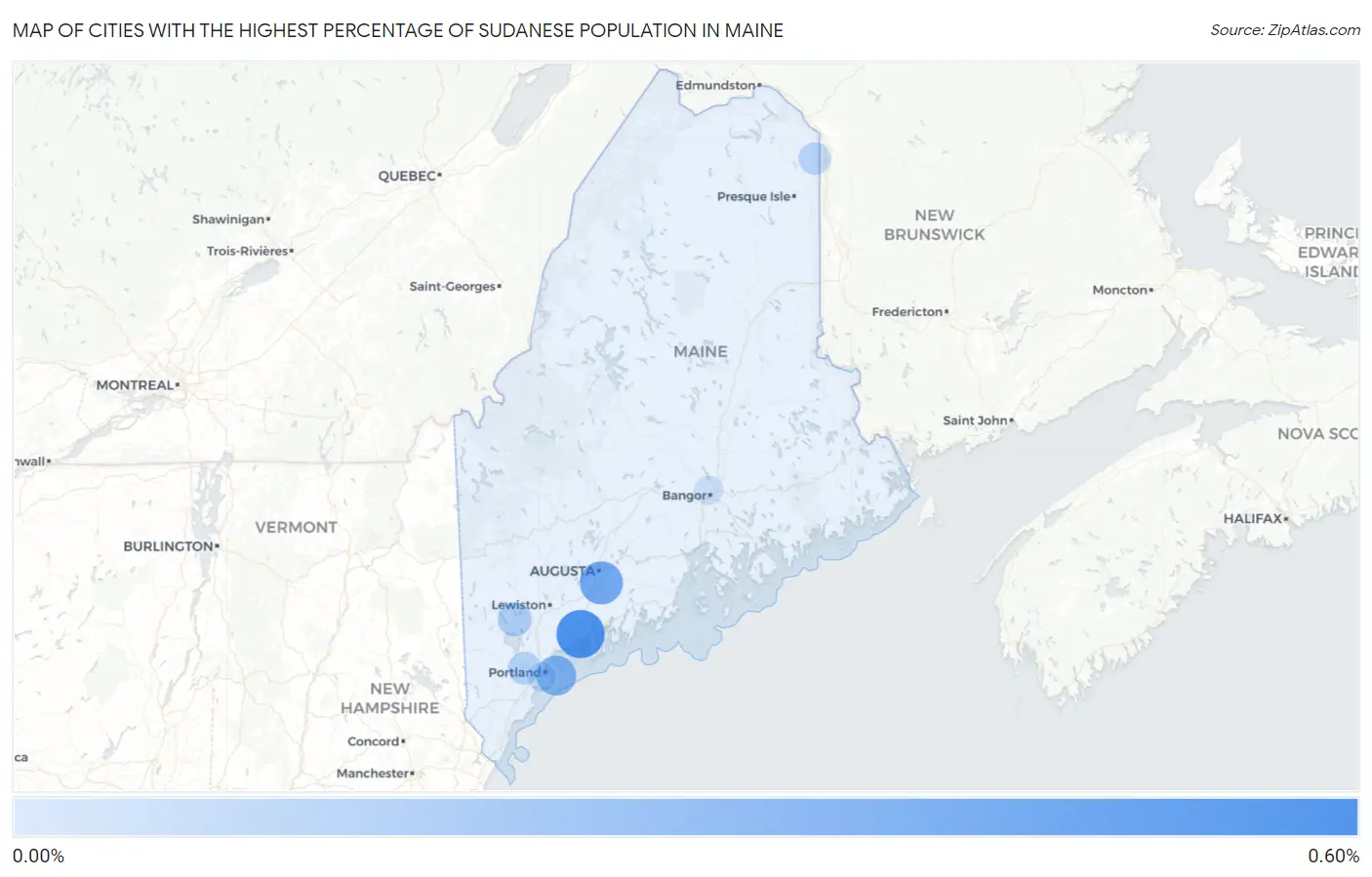 Cities with the Highest Percentage of Sudanese Population in Maine Map
