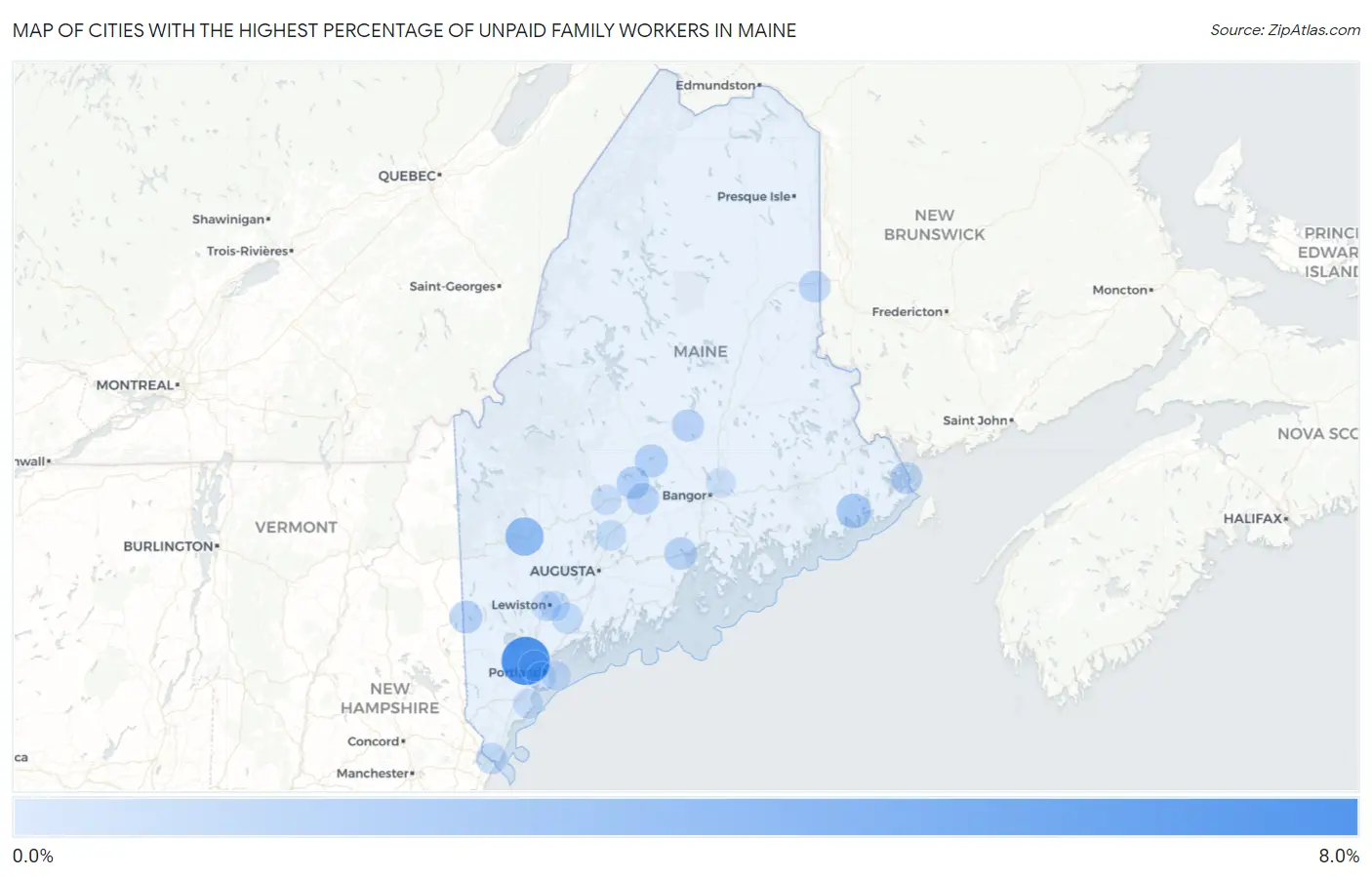 Cities with the Highest Percentage of Unpaid Family Workers in Maine Map