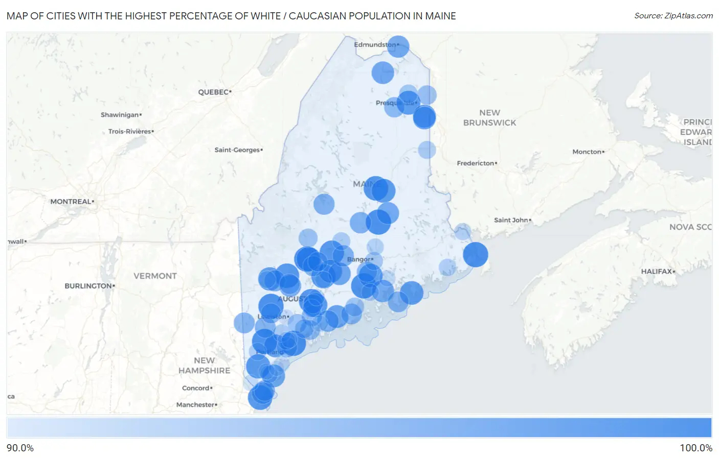 Cities with the Highest Percentage of White / Caucasian Population in Maine Map