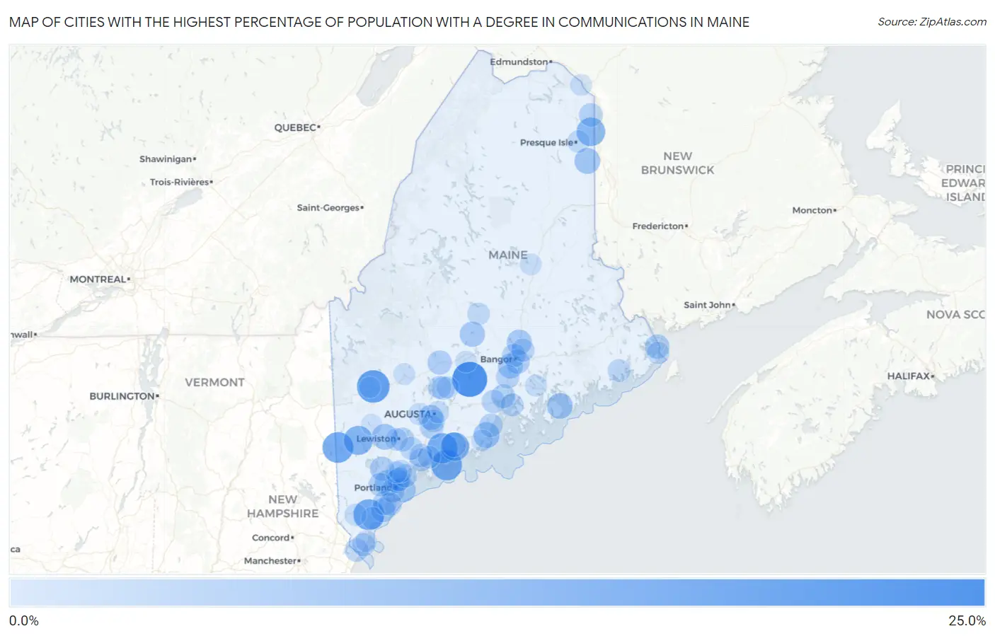 Cities with the Highest Percentage of Population with a Degree in Communications in Maine Map