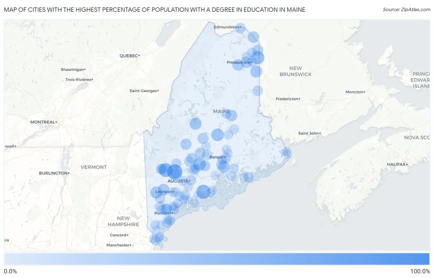 Cities with the Highest Percentage of Population with a Degree in Education in Maine Map