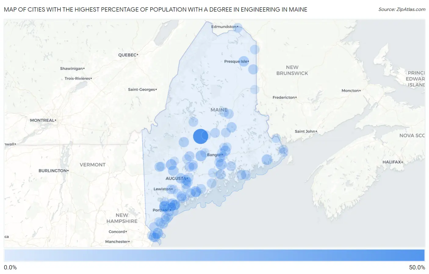 Cities with the Highest Percentage of Population with a Degree in Engineering in Maine Map