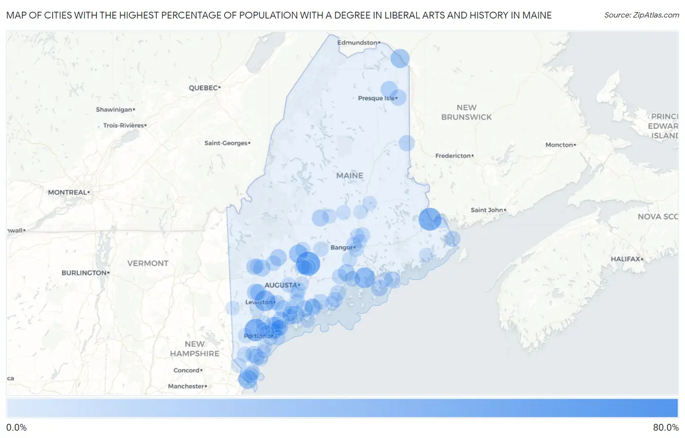Cities with the Highest Percentage of Population with a Degree in Liberal Arts and History in Maine Map