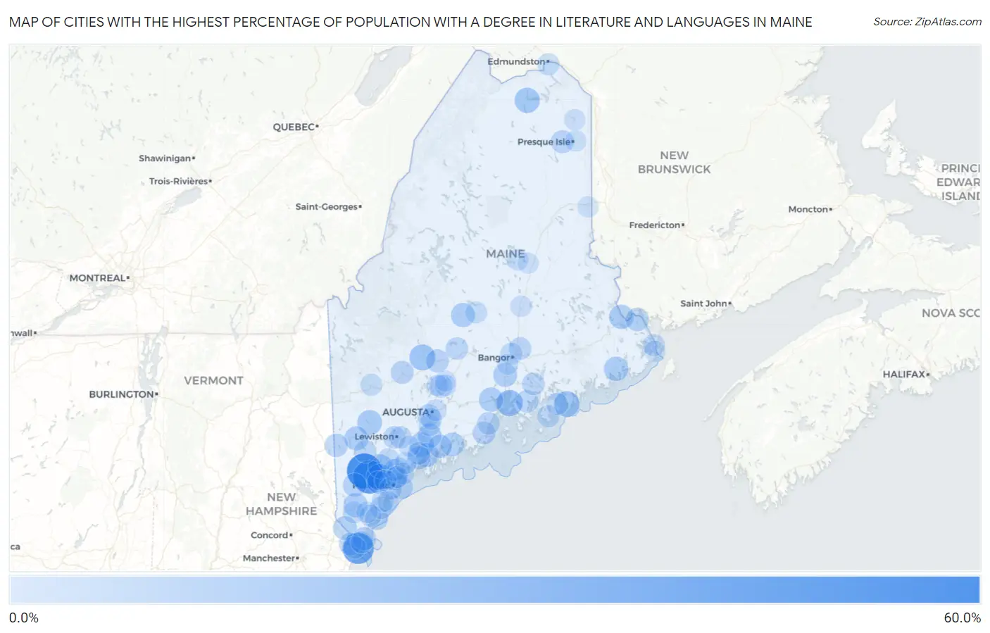 Cities with the Highest Percentage of Population with a Degree in Literature and Languages in Maine Map