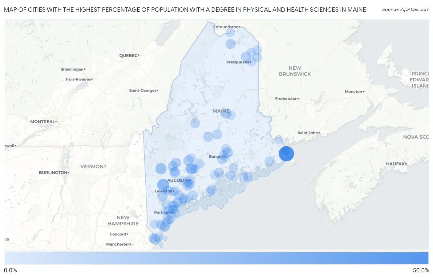Cities with the Highest Percentage of Population with a Degree in Physical and Health Sciences in Maine Map