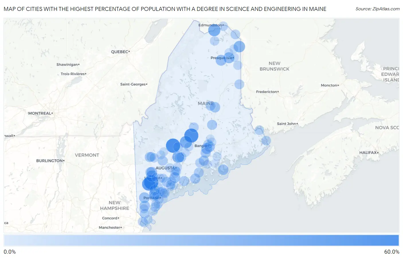 Cities with the Highest Percentage of Population with a Degree in Science and Engineering in Maine Map