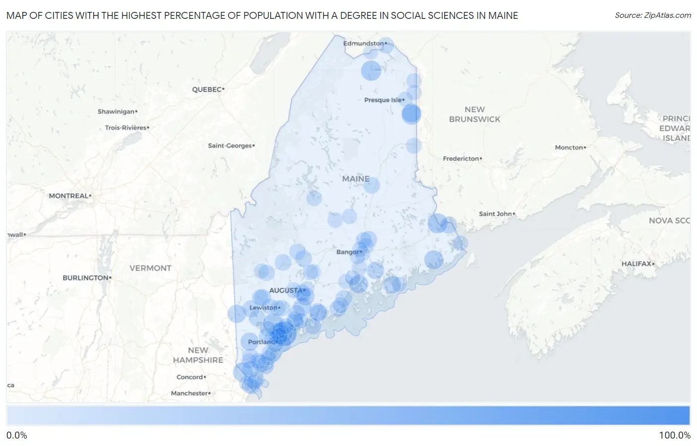 Cities with the Highest Percentage of Population with a Degree in Social Sciences in Maine Map