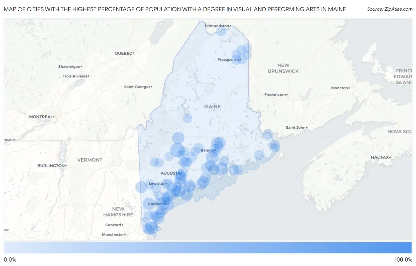 Cities with the Highest Percentage of Population with a Degree in Visual and Performing Arts in Maine Map